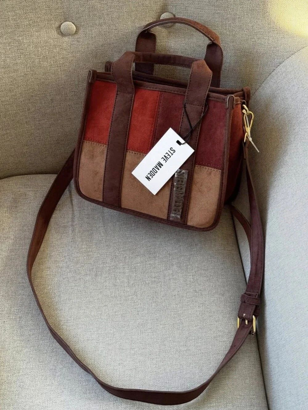 Steve Madden Brown & Red Suede Patchwork Crossbody Bag